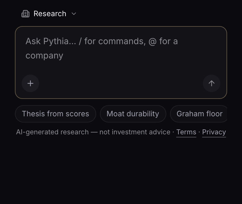 The assistant, ready for a question about a company, with four prompts to start from.